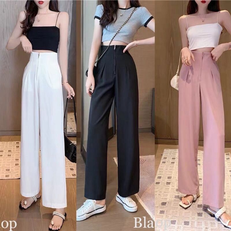 Quần ống rộng suông culotttes dáng dài cạp liền khoá giữa tôn dáng
