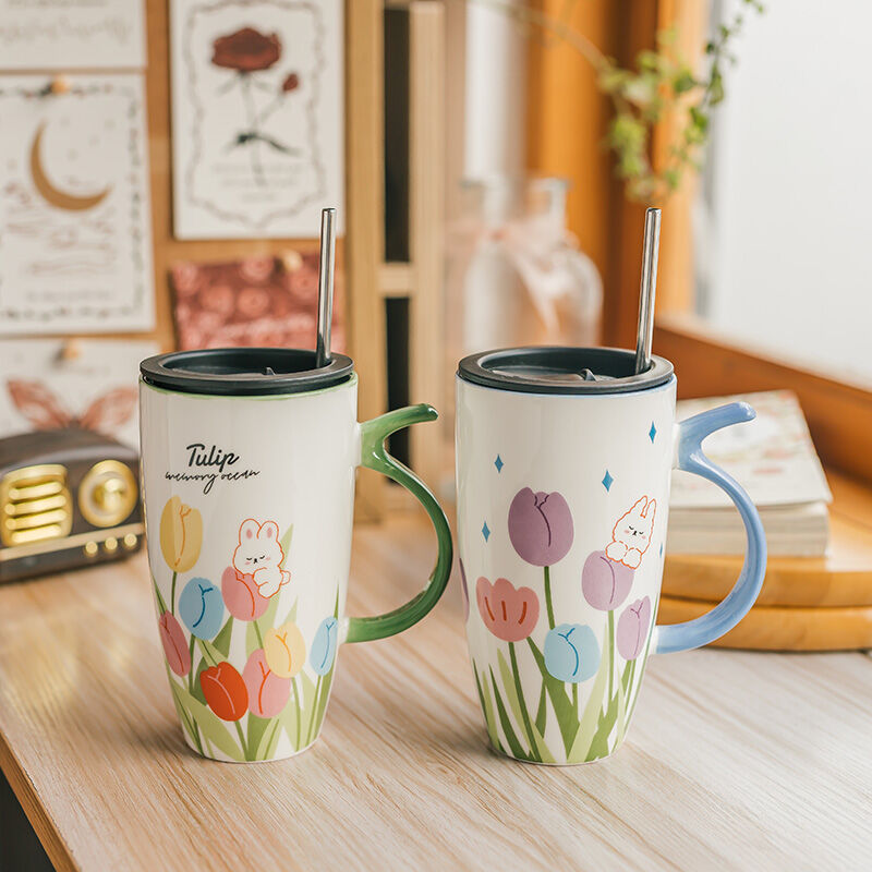 Cốc mug dung tích lớn hoa tulip cốc gốm sứ kèm thìa nắp cốc uống nước gia dụng mùa hè nữ sinh cốc cà phê cặp đôi