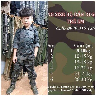 Bộ quần áo lính rằn ri ghi tím trẻ em