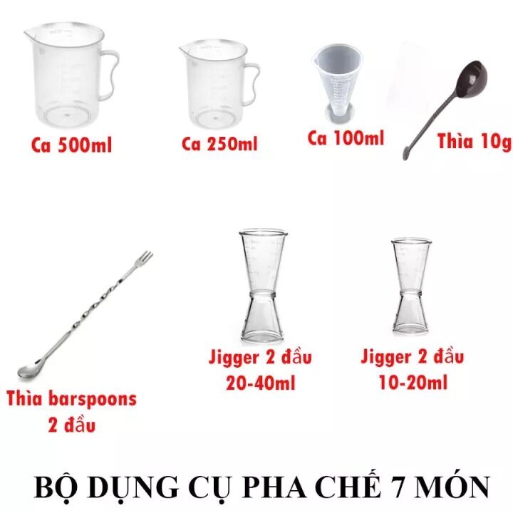 [HCM]Combo bộ dụng cụ pha chế 7 món (ca 500-250-100ml thìa 10g thìa khuấy hai đầu jigger 10/20 - 20/40ml)