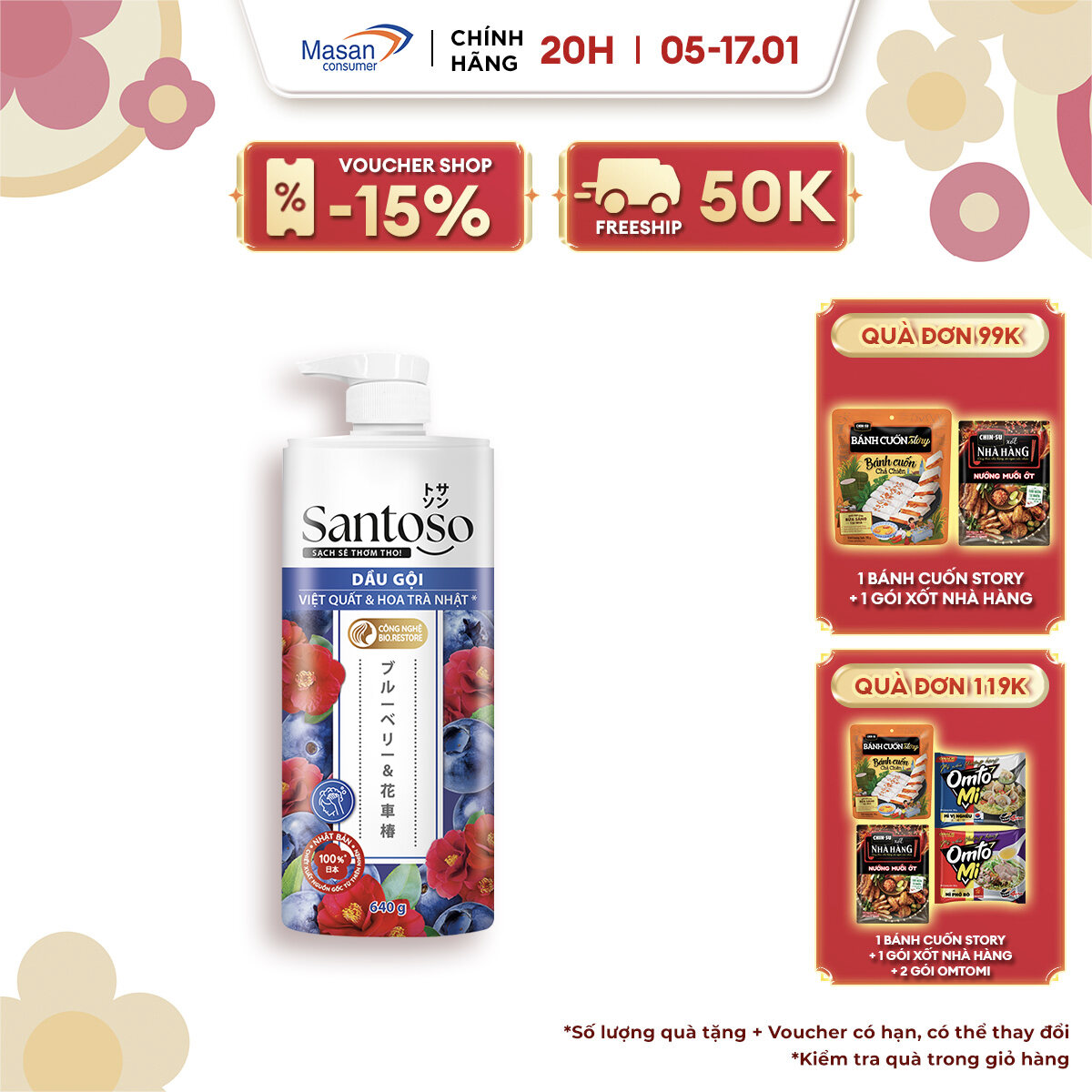 [VOUCHER 18% ĐƠN 199K]  Dầu gội Santoso việt quất & hoa trà hương vấn vương x 640gr