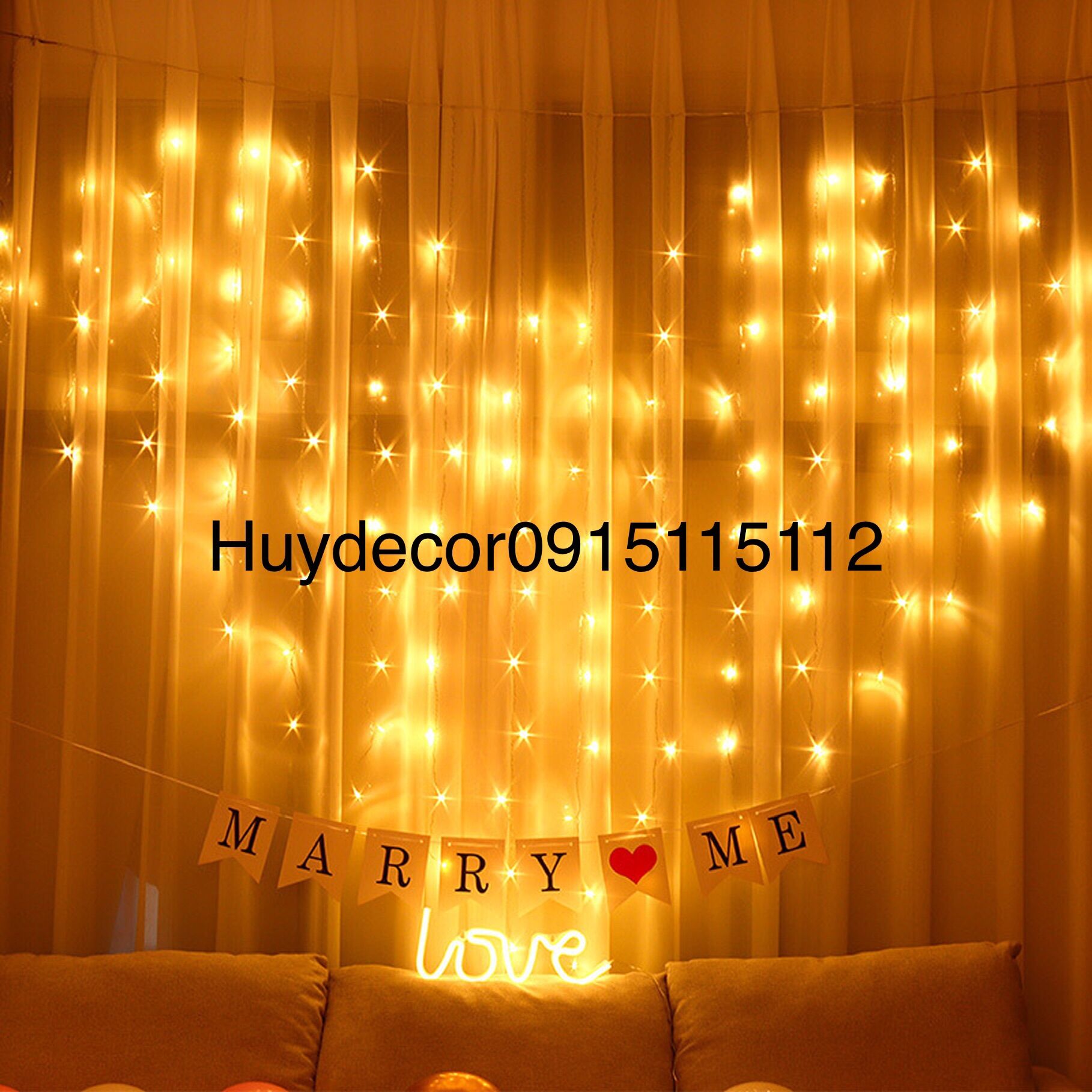 Đèn rèm led hình trái tim Huydecor trang trí