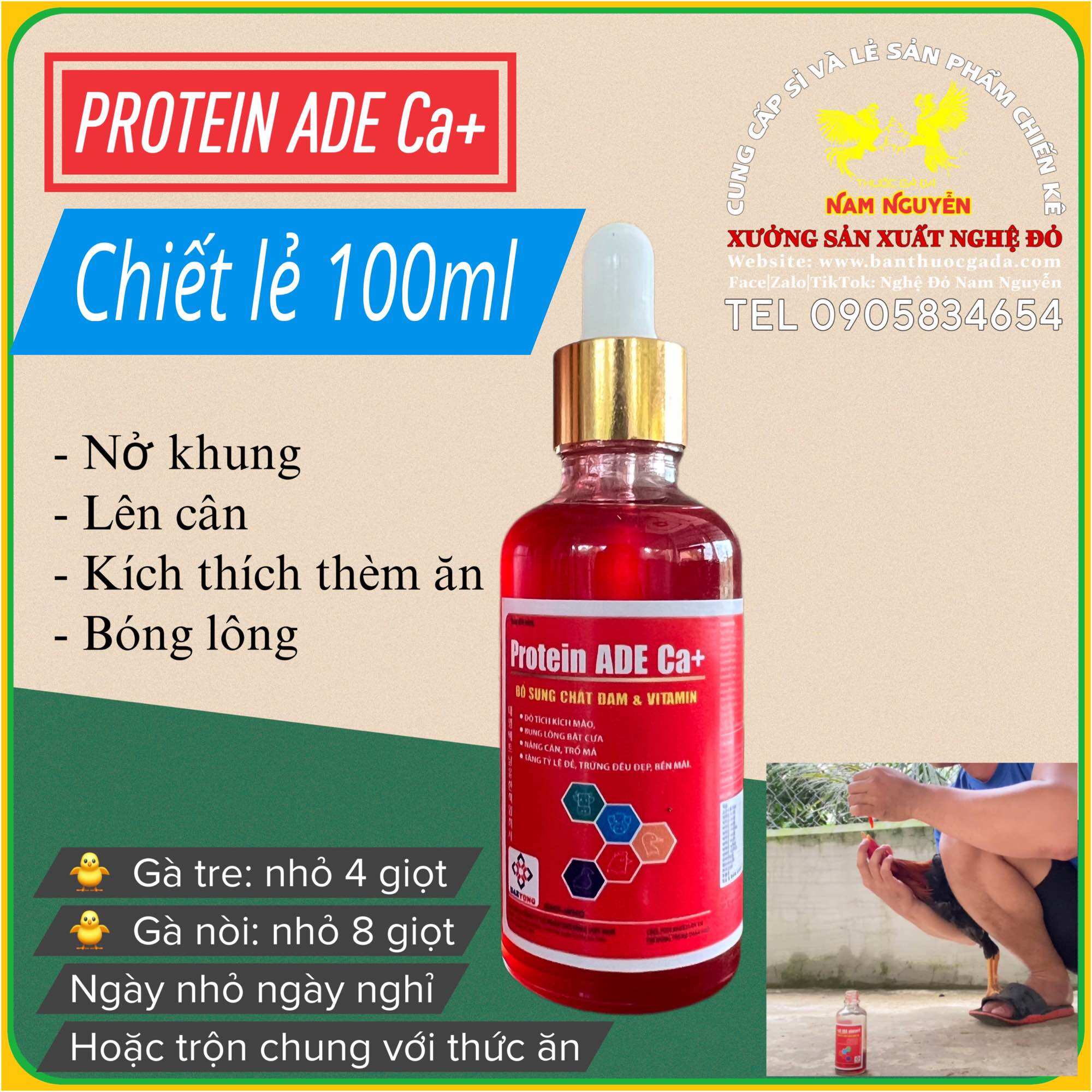 Lẻ 100ml Protein ADE Ca+ Đạm cao cấp giúp gà nở khung, tăng cân, bóng lông cho gà đá