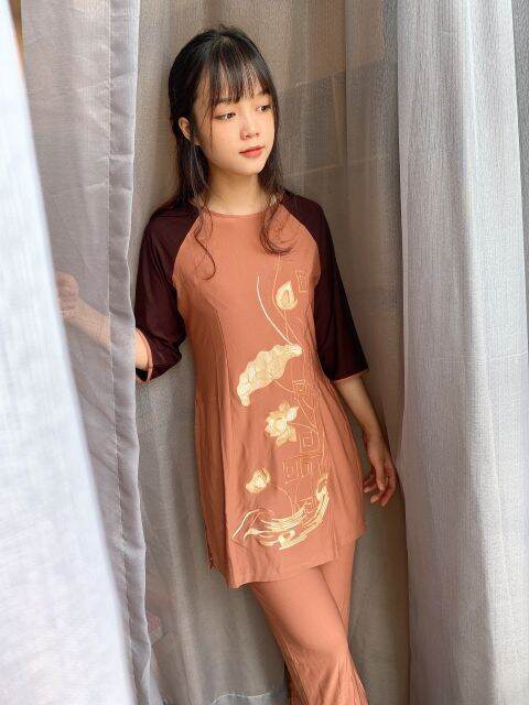 Đồ lam đi chùa mẫu thun cách tân nữ thêu sen