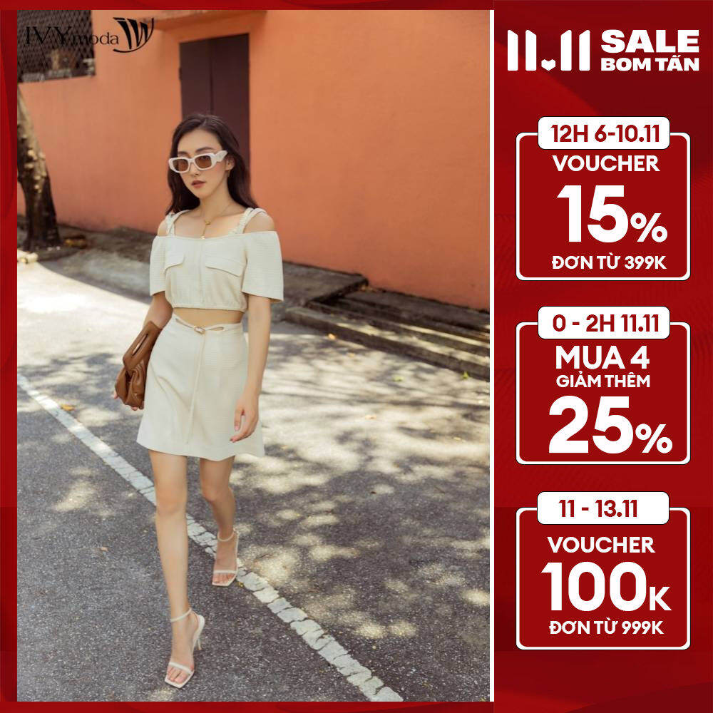 Set áo croptop trễ vai và chân váy IVY moda MS 16B9408