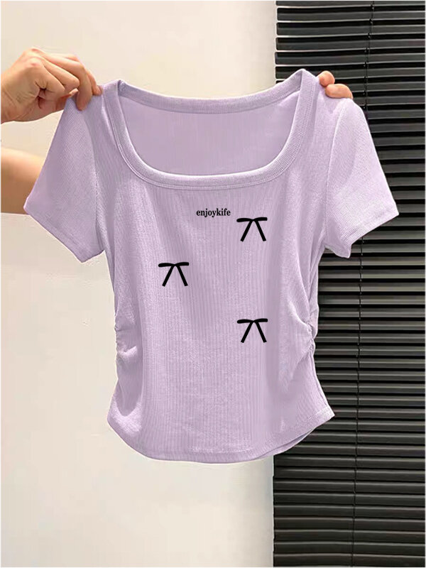 Purple Pure Cotton Square Collar Short Sleeve T-Shirt Women Summer 2025 New Sweet And Spicy Waist Cinching Pleated Slimming Short Style