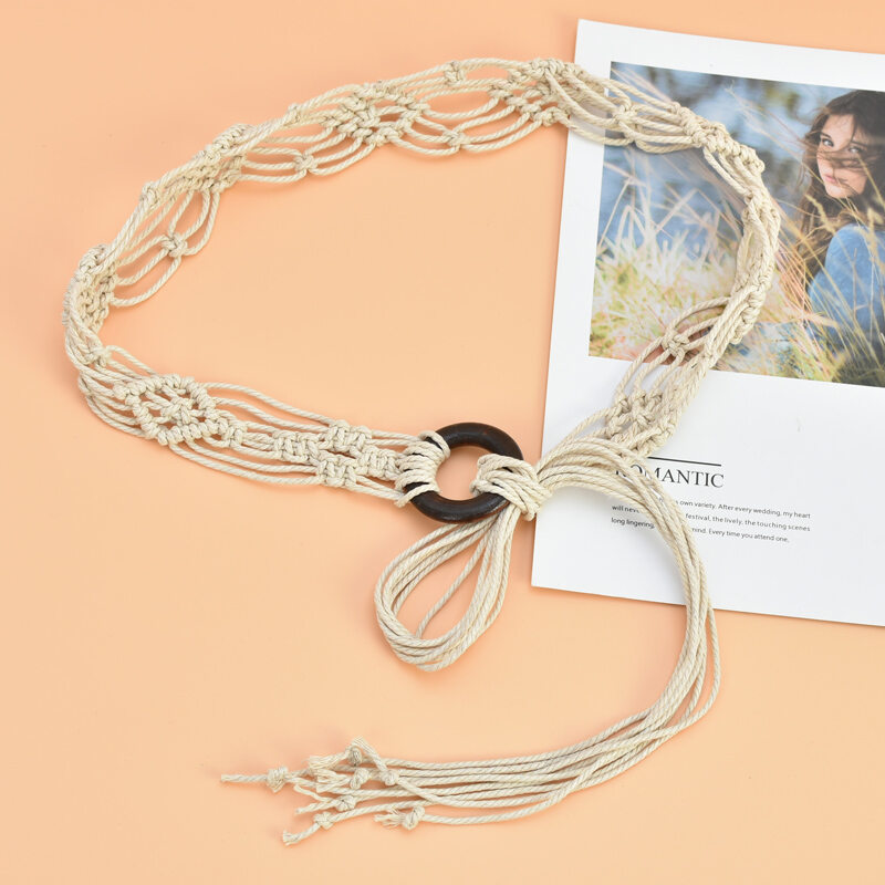 Bohemian Woven with Long Skirt Ladies' National Style Belt Knotted Decorative Waist Chain Wooden Buckle Belt Waist Strap Tide