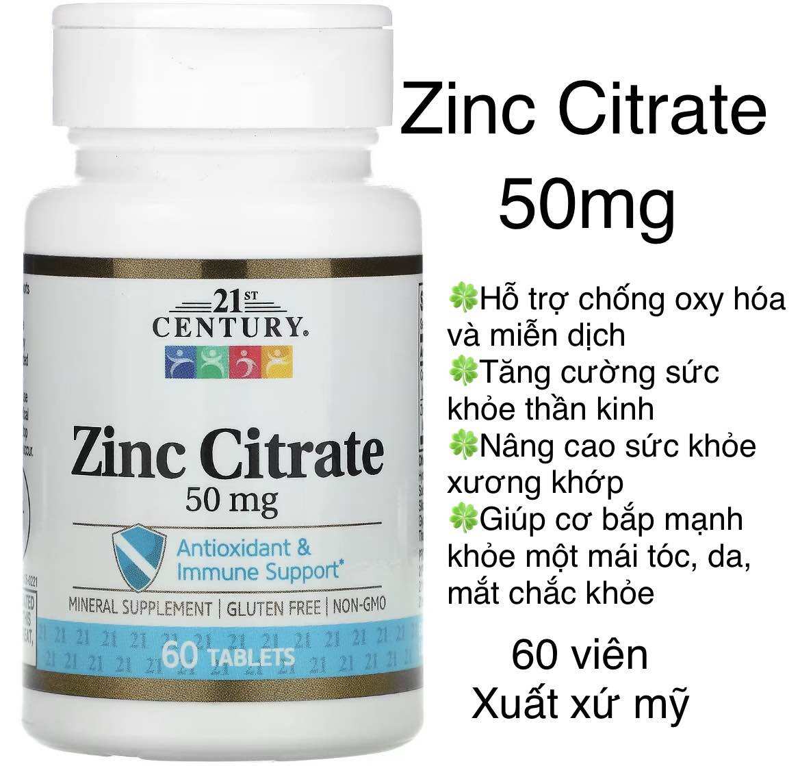 Viên kẽm zinc Citrate 50mg 60 viên 21st Century bổ sung khoáng chất và vitamin cho cơ thể.