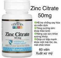 [Mỹ] Viên kẽm zinc Citrate 50mg 60 viên 21st Century bổ sung khoáng chất và vitamin cho cơ thể.