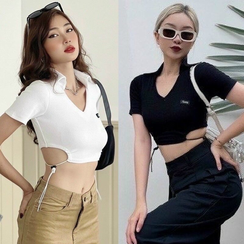 ÁO KIỂU CROPTOP CỔ BẺ PHỐI DÂY Ở EO H90