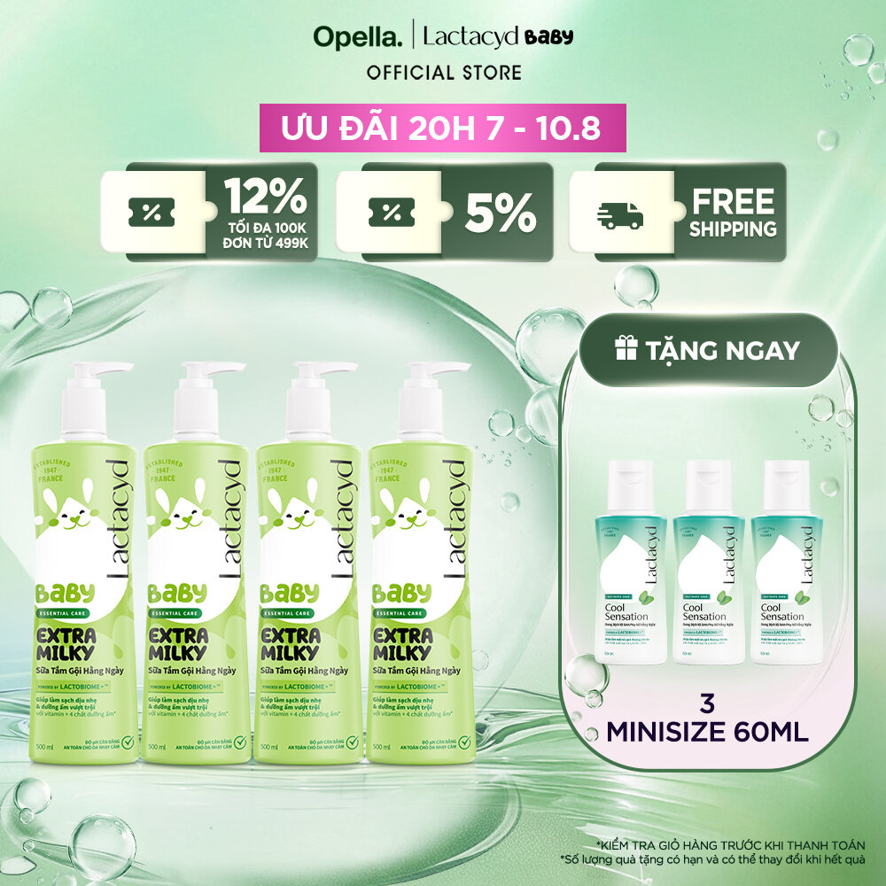 Bộ 4 chai Sữa Tắm Gội Trẻ Em Lactacyd Baby Extra Milky Làm Sạch Dịu Nhẹ và Dưỡng Ẩm Vượt Trội 500ml/chai
