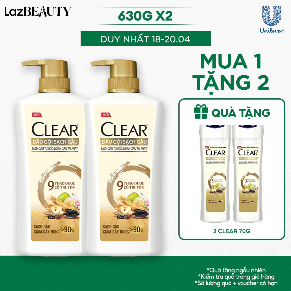 Combo 2 Dầu Gội CLEAR 9 Thảo Dược Cổ Truyền Sạch Gàu Giảm Gãy Rụng 630G x 2