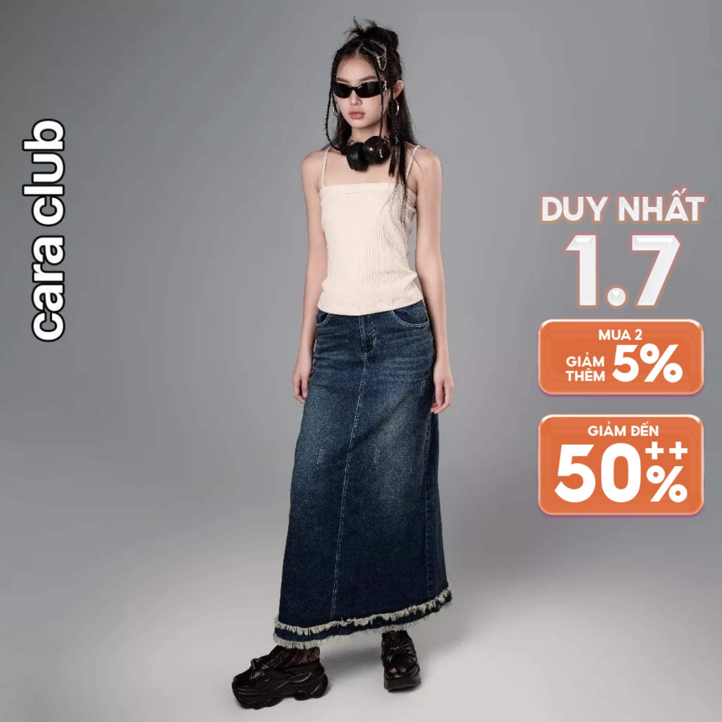 CARA Chân váy nữ dài Lotus chất Jean mềm mại đuôi váy tầng cách điệu