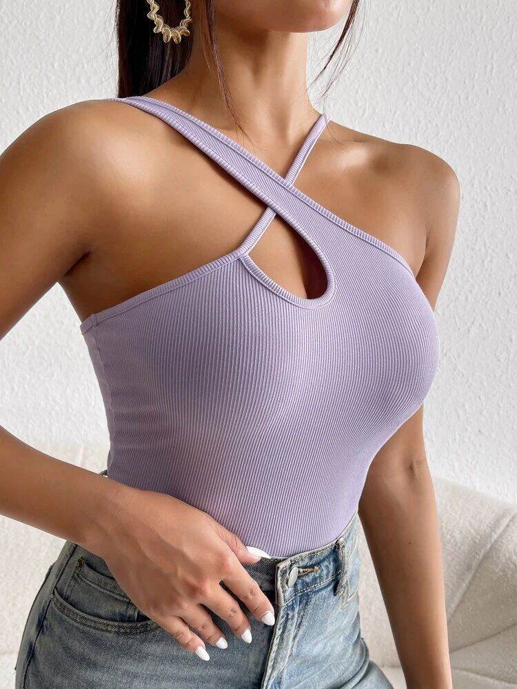 Áo croptop cổ yếm đan chéo ( Tím cà )