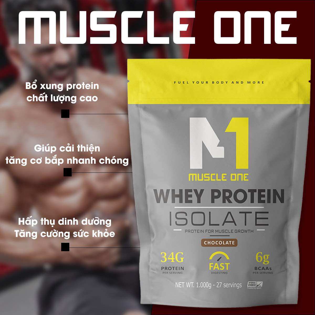 Sữa tăng cơ giảm mỡ, whey protein isolate MUSCLE ONE 2kg (combo 2 túi tặng quà)
