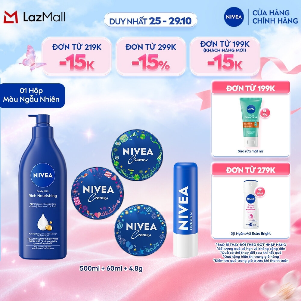 Sữa Dưỡng Thể NIVEA Dưỡng Ẩm Chuyên Sâu | Vitamin E (500 ml) - 80212 + Kem Dưỡng Mềm Da NIVEA Soft (50 ml/200 ml) - 89050/89054 + Son dưỡng ẩm chuyên sâu Nivea Original Care (4.8g) - 85061