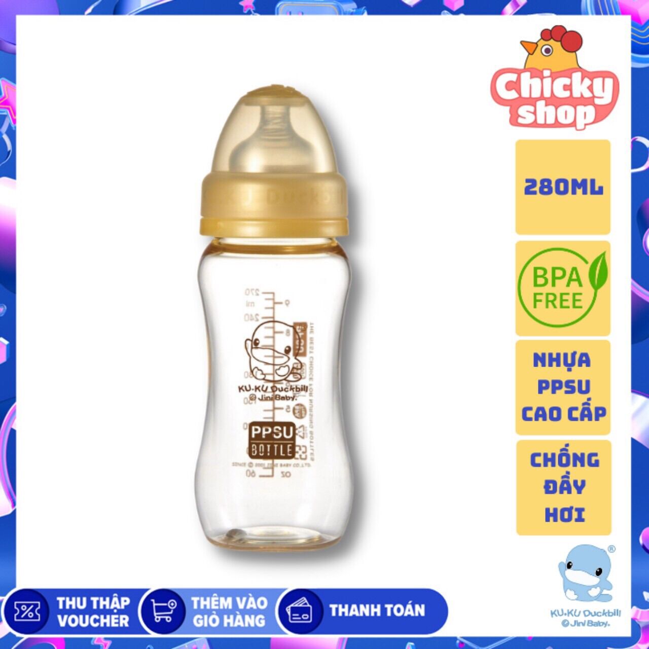 Bình sữa cổ rộng PPSU KUKU KU5834 280ml van thông khí chữ U, điều chỉnh áp suất, tránh rò rỉ sữa, hạn chế đầy hơi, khó tiêu ở bé