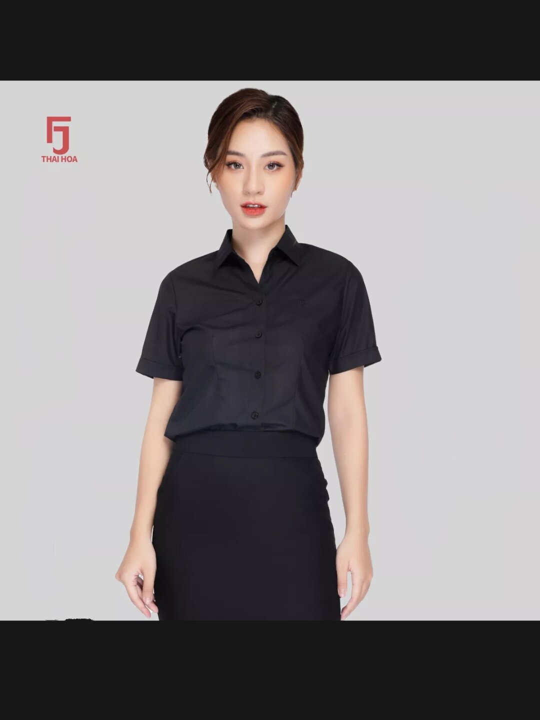 áo sơ mi nữ Thái Hòa màu đen trơn chất kate