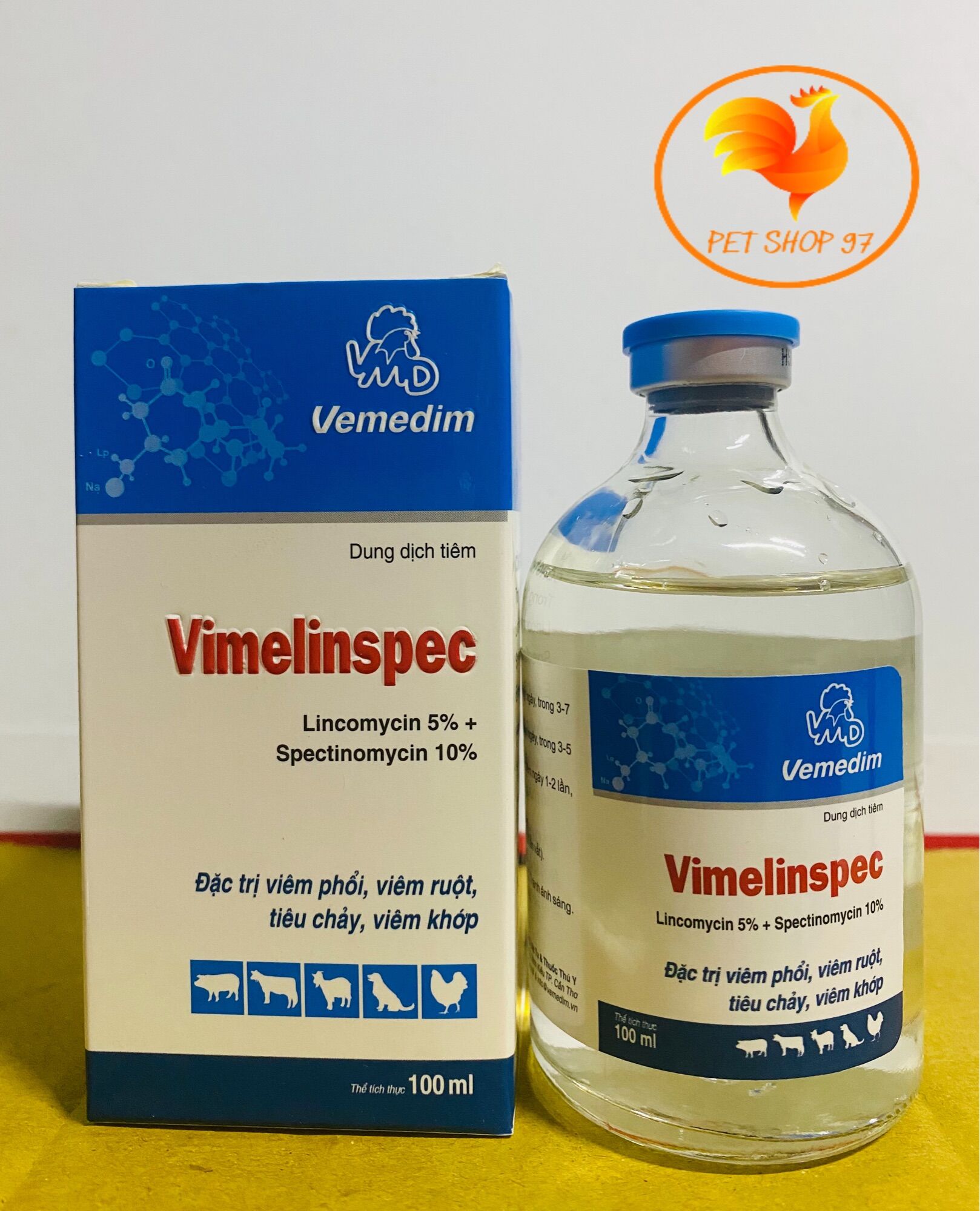 Vimelinspec chai 100ml khò khè, viêm phổi, viêm ruột, tiêu chảy, viêm khớp gà đá