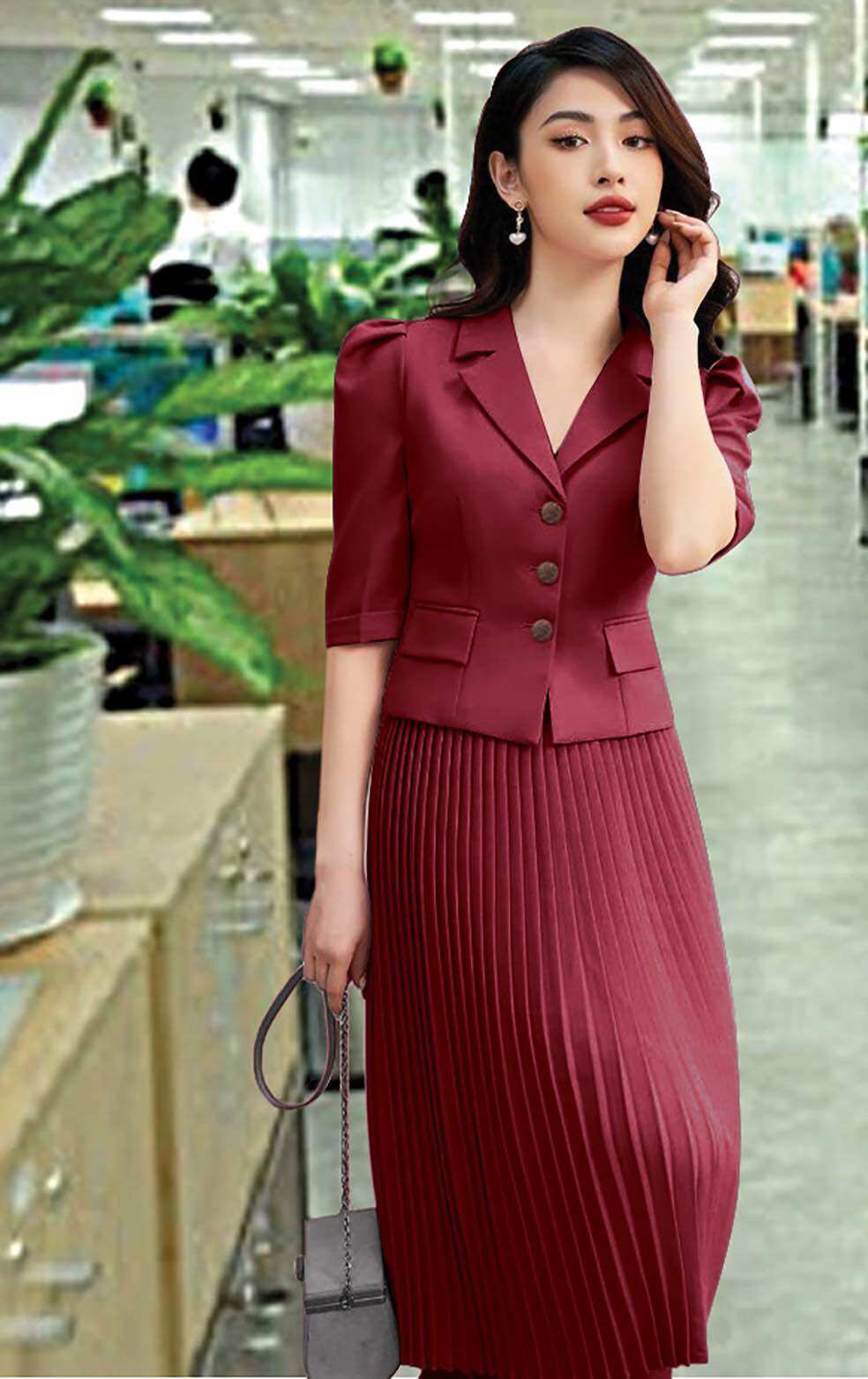 SET ÁO CỔ VEST CHÂN VÁY DẬP LY ÁO CỔ SEN TAY CON