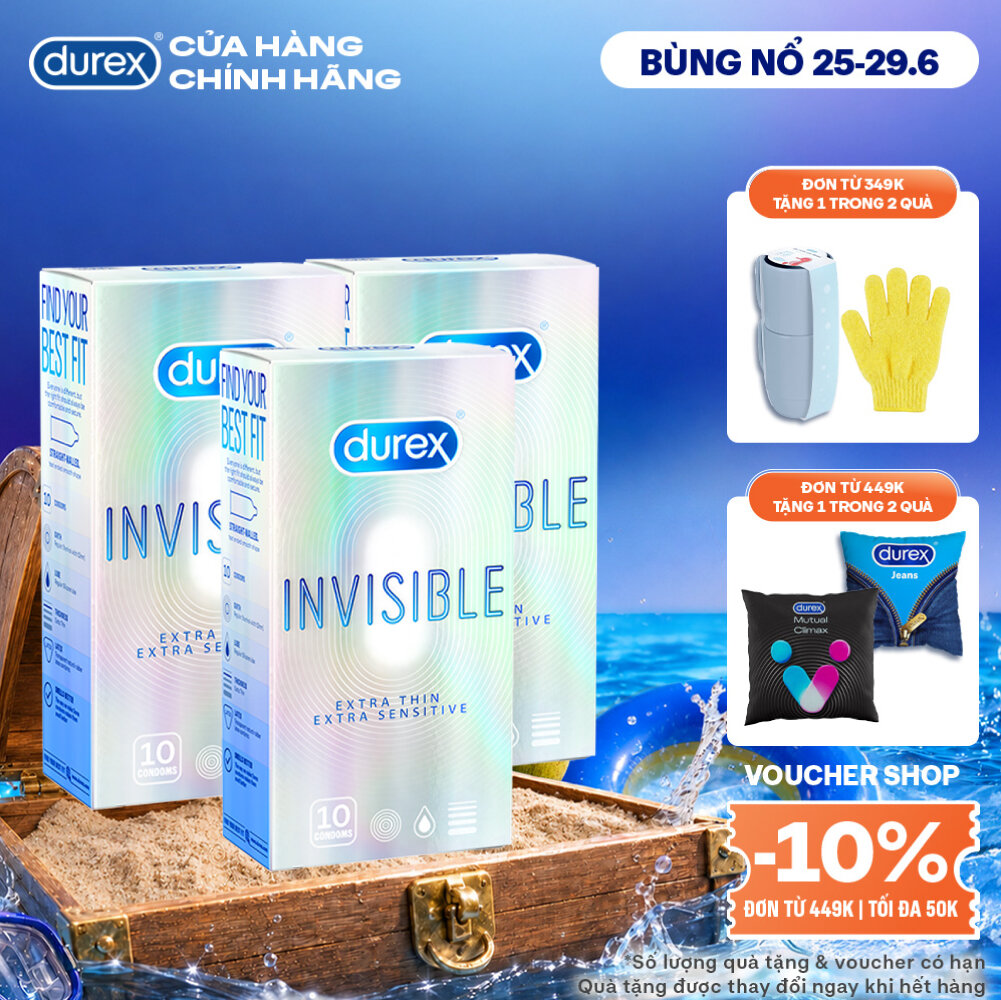 Bộ 3 hộp bao cao su Durex Invisible siêu mỏng, size 52mm, hộp 10 bao