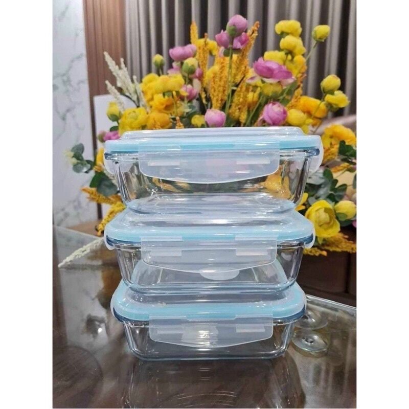 SET 3 HỘP ĐỰNG THỨC ĂN THỦY TINH  XANH / ĐỎ GLASS 620ML