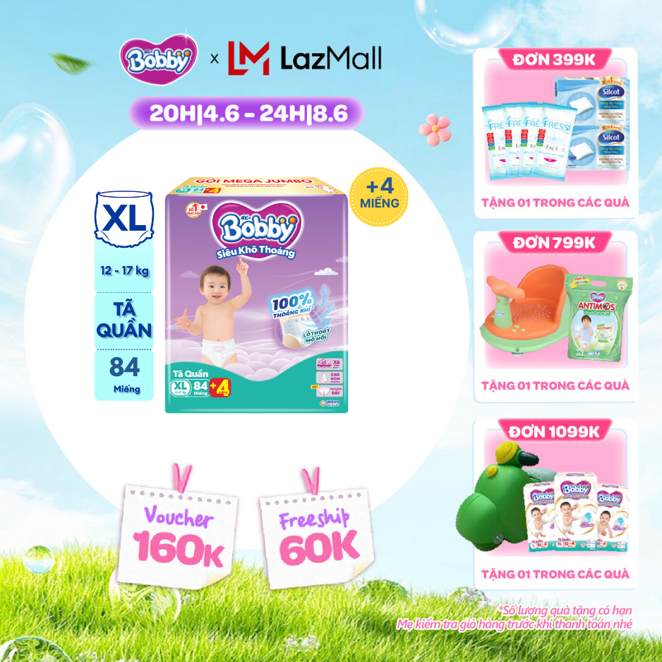 [QUÀ TẶNG HẤP DẪN TỪ 9-10.6] Tã/bỉm quần Bobby 3mm Mega Jumbo Siêu khô thoáng XL84