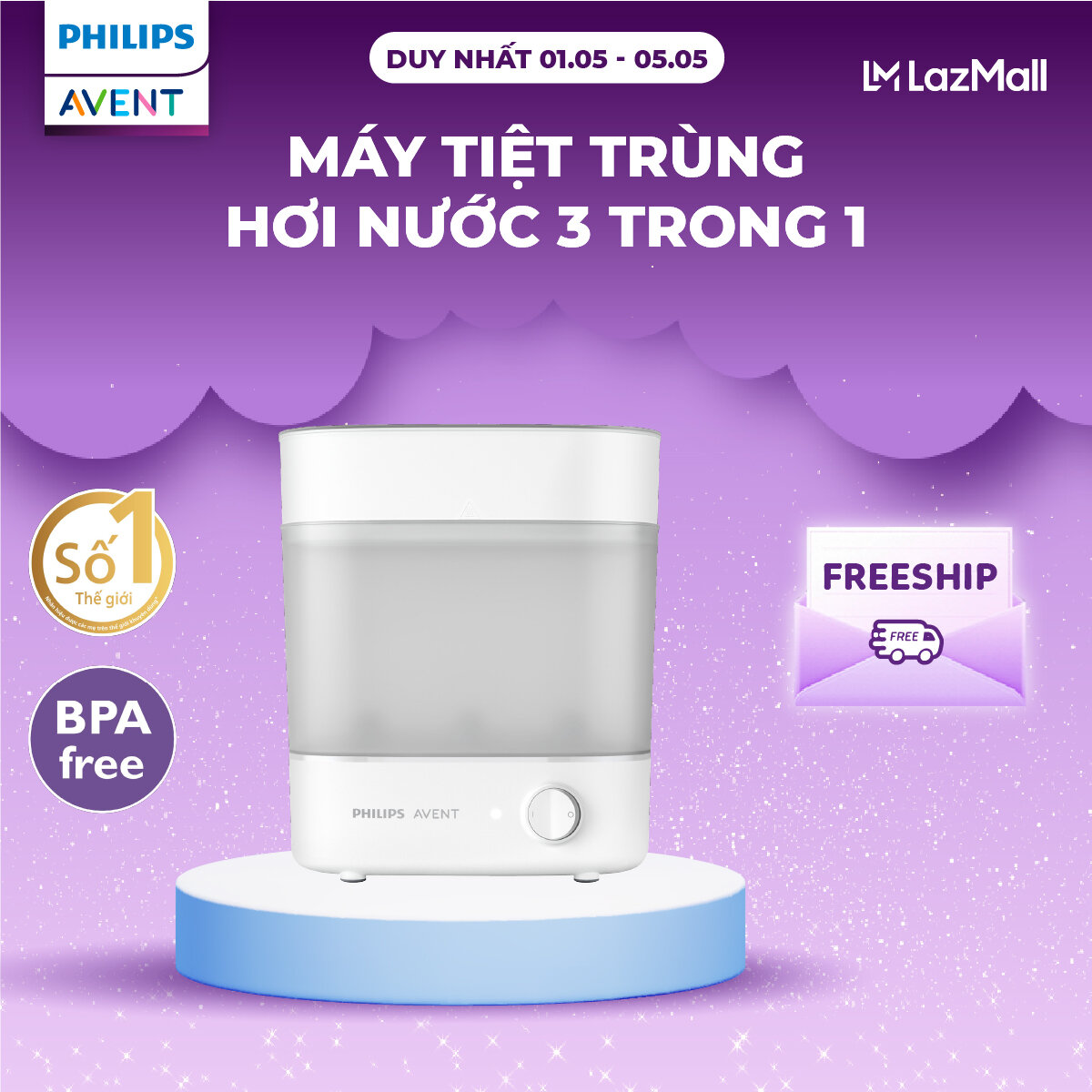Máy Tiệt Trùng Hơi Nước 3 Trong 1 Philips Avent – Diệt 99.9% Vi Khuẩn An Toàn Cho Bé