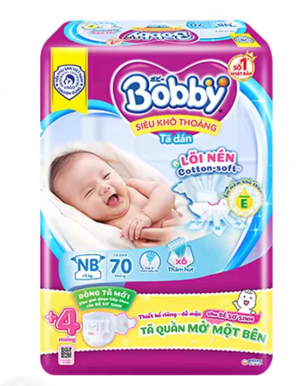 Tặng thêm 4 miếng tã quần bên trong - tã dán bobby xs70 mẫu mới - tã dán trẻ em size xs