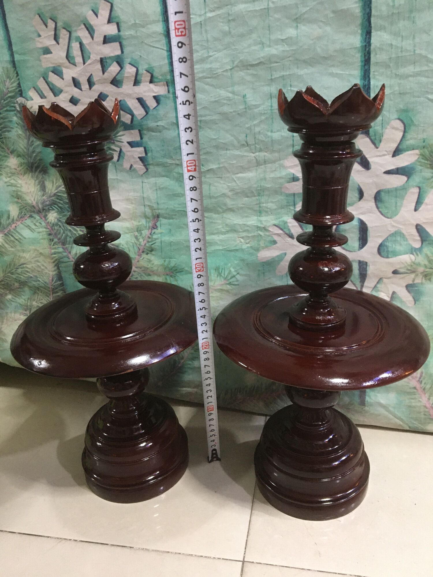 Cặp chân đèn gỗ cao 45cm màu nâu thờ cúng cao cấp