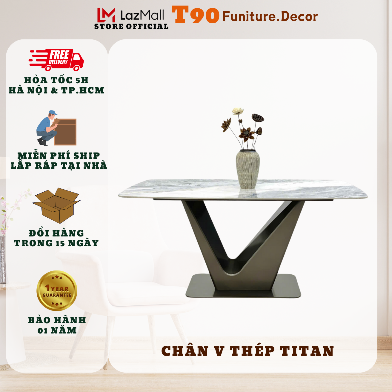 Bàn Ăn Hiện Đại T90 Cao Cấp Chân V Thép Titan Đơn