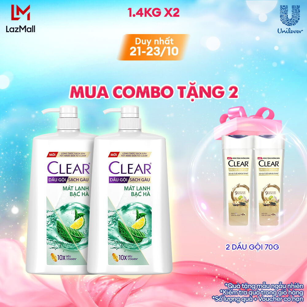 Combo 2 Dầu gội CLEAR Bạc hà Dầu gội Sạch gàu Mát lạnh với 3X Sức mạnh đánh bay Gàu Ngứa và Vi Khuẩn 1.4kg