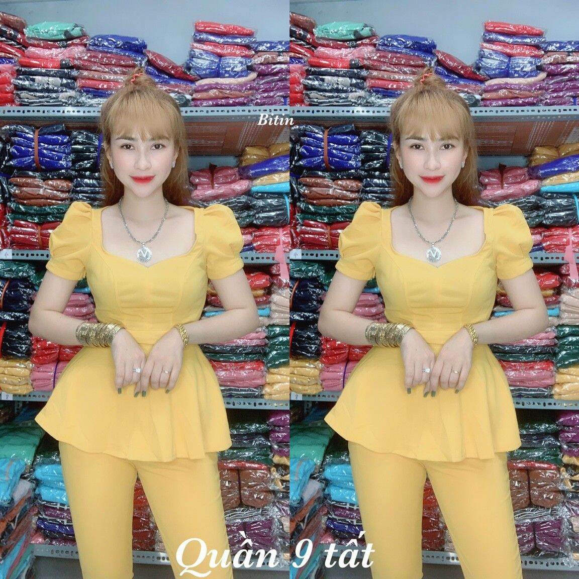 Set bộ quần 9 tấc thun cát hàn tay phồng nữ tính
