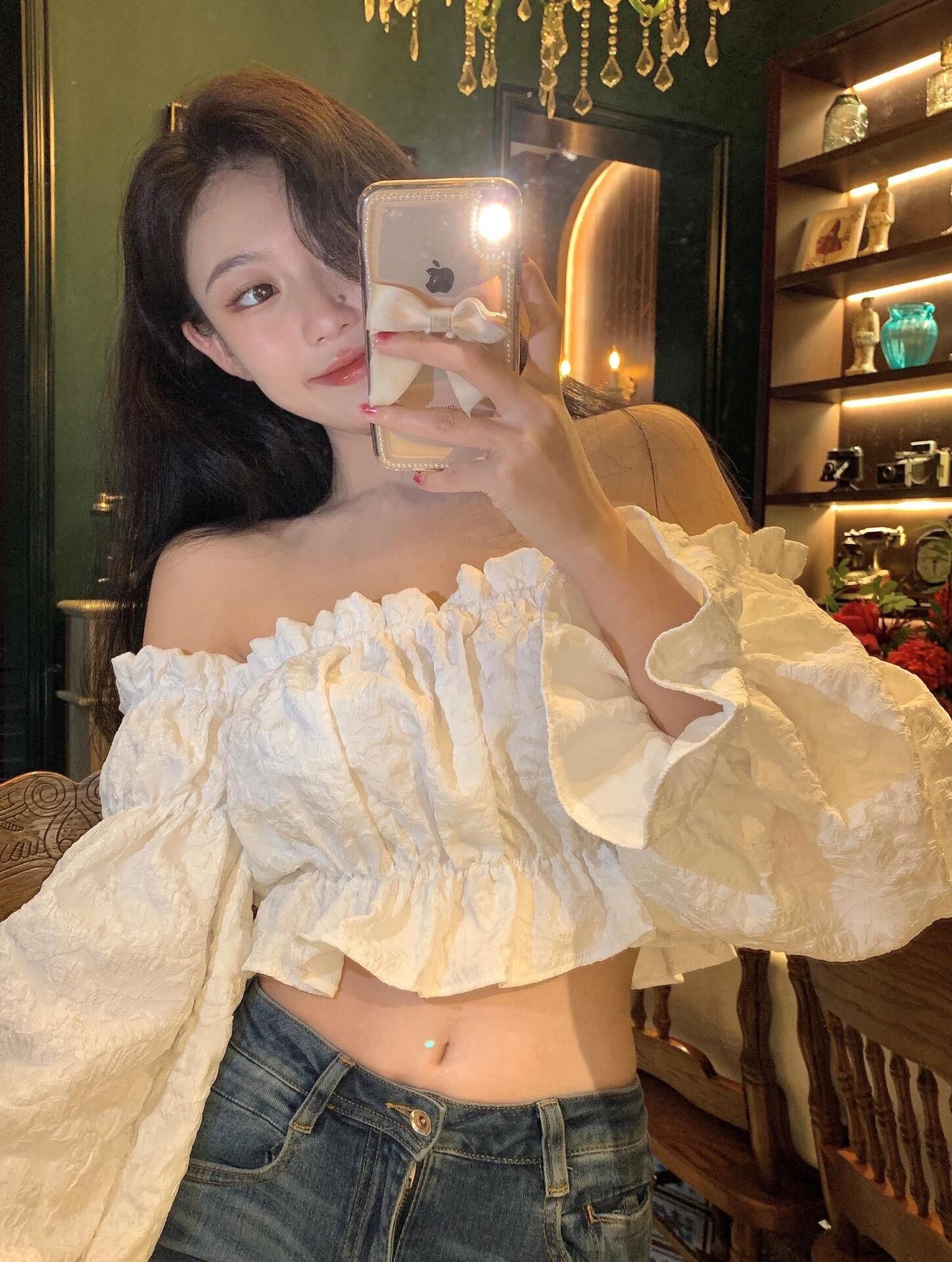 Áo kiểu bẹt vai croptop voan tơ xốp LS