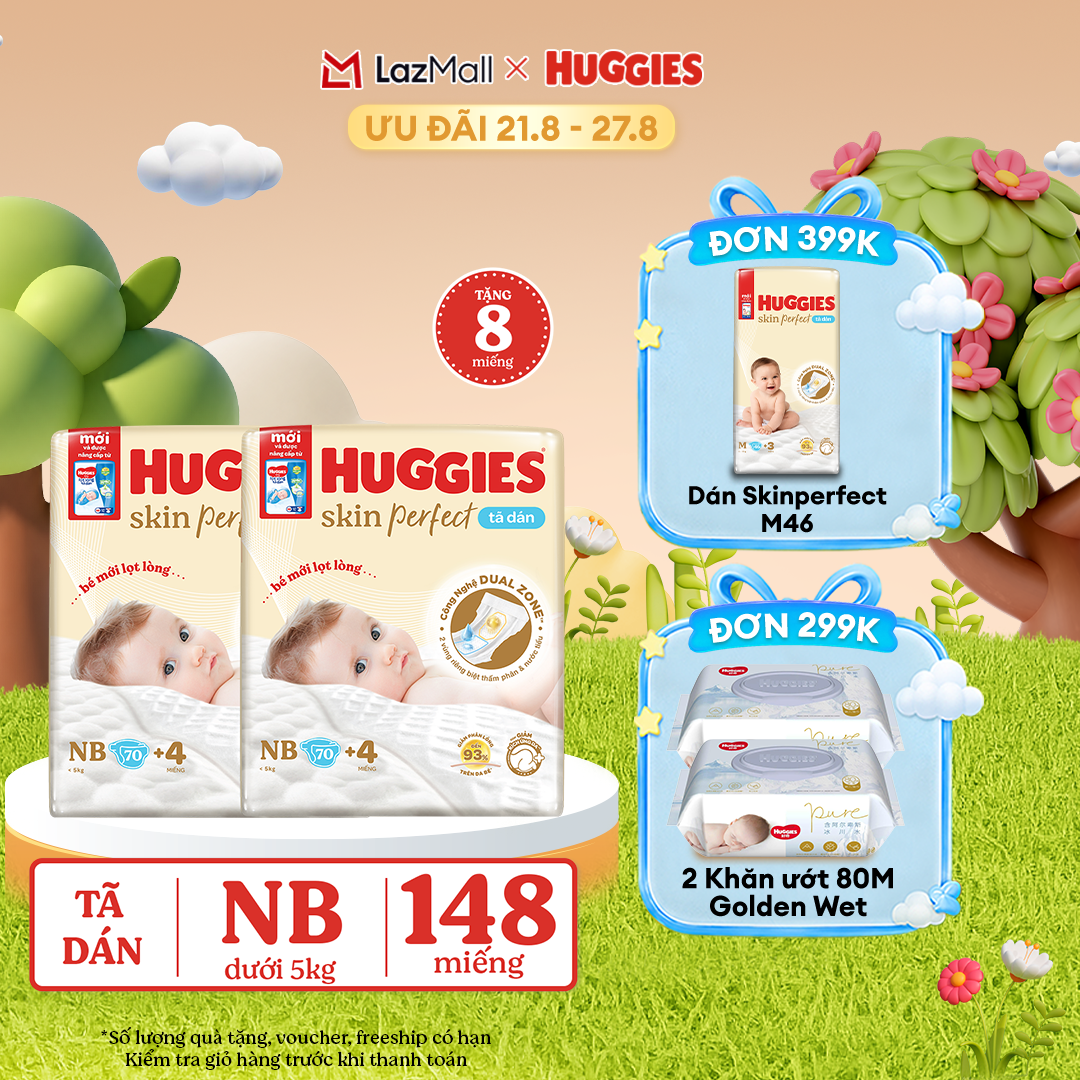 [17-24.08 QUÀ TẶNG ĐƠN 0Đ]  Combo 2 Tã/bỉm dán sơ sinh Huggies Skin Perfect NB70 với 2 vùng thấm giảm kích ứng da