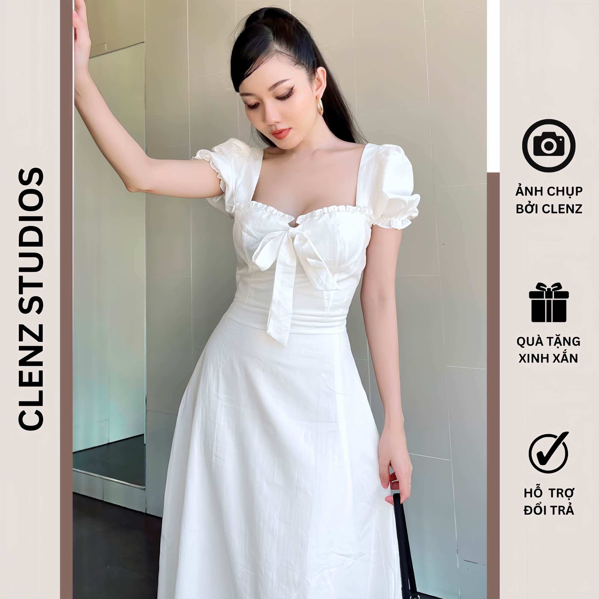 Đầm trắng dáng dài thắt nơ xinh, váy cưới cô dâu lễ ăn hỏi có size XS Bigsize D06