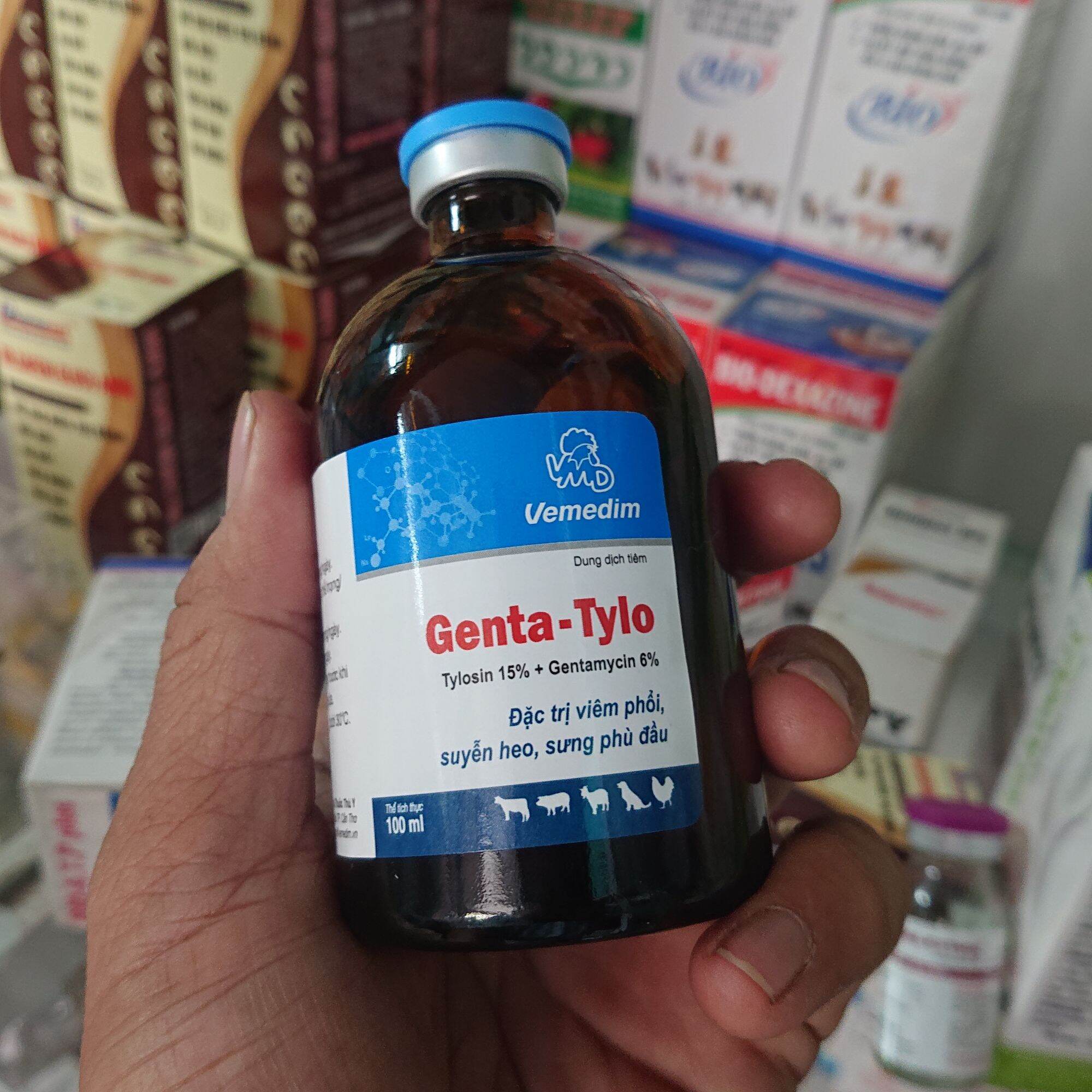 Vemedim Genta Tylo xử lý viêm phổi, suyễn heo, sưng phù đầu..trên gia súc gia cầm chai 100ml