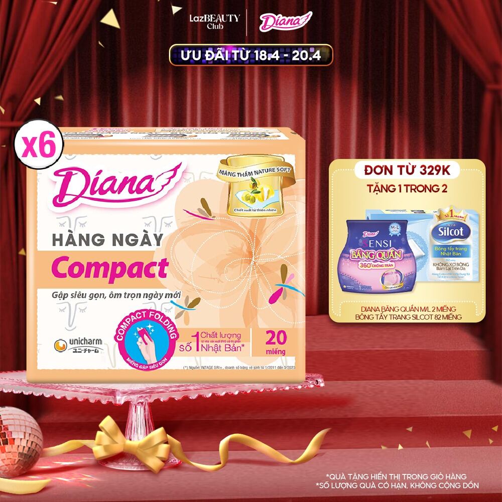 Combo 6 Băng vệ sinh hàng ngày Diana Sensi Compact không cánh gói 20/gói (quà tặng tùy từng đợt nhập hàng)