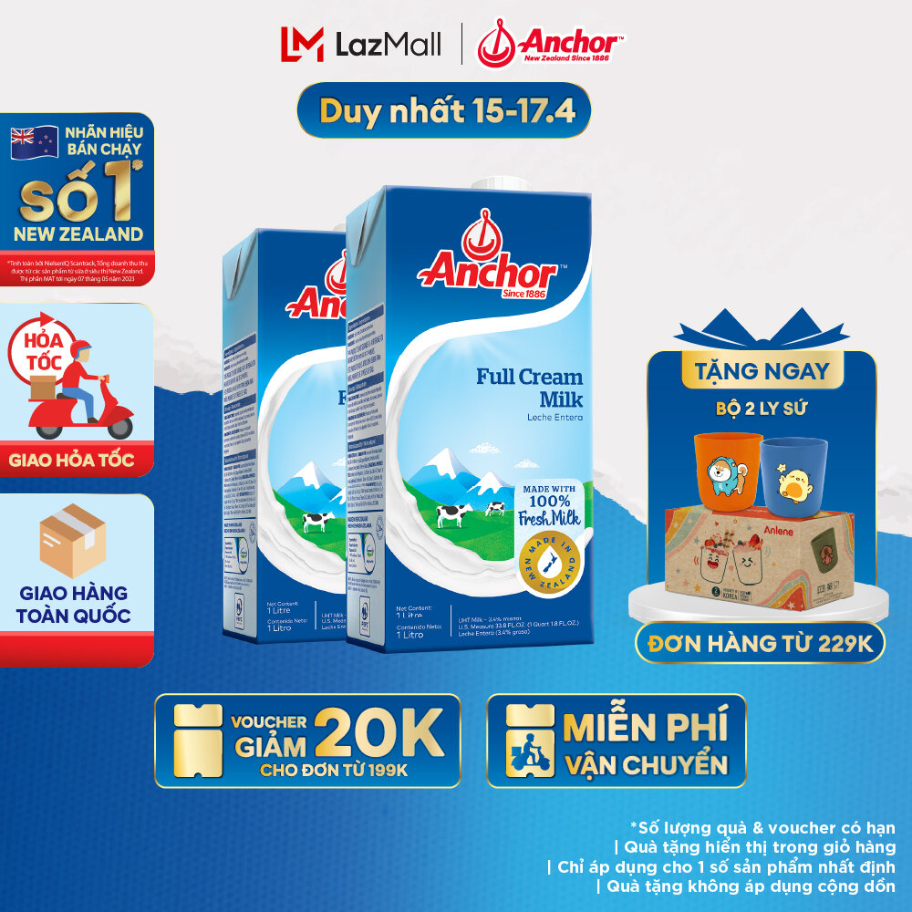 [GIAO HÀNG HỎA TỐC - HCM] Combo 2 Sữa Tươi Tiệt Trùng Anchor Nguyên Kem Hộp 1 Lít