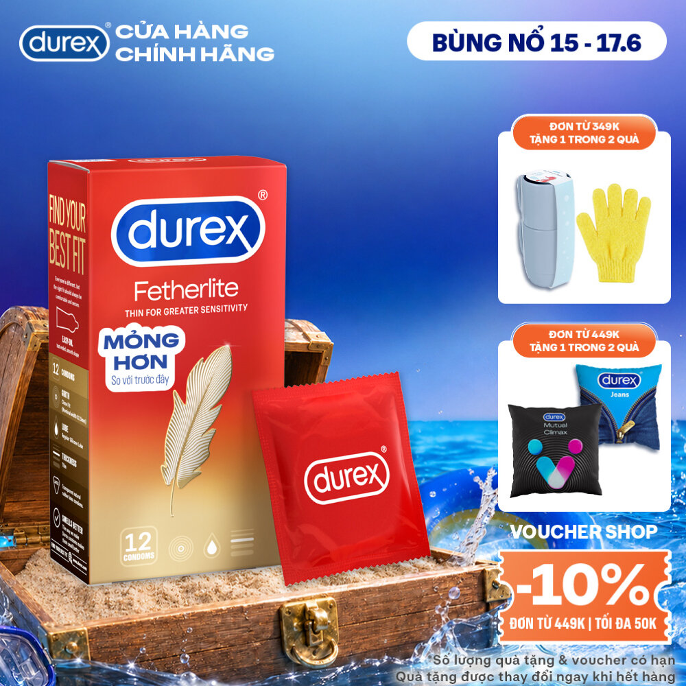 Bao cao su Durex Fetherlite siêu mỏng, size 52.5mm, 12 bao/hộp