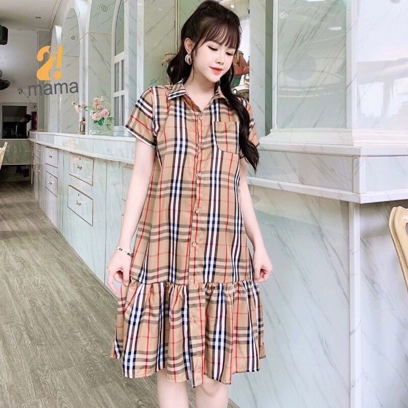 Đầm bầu sơ mi công sở caro thời trang