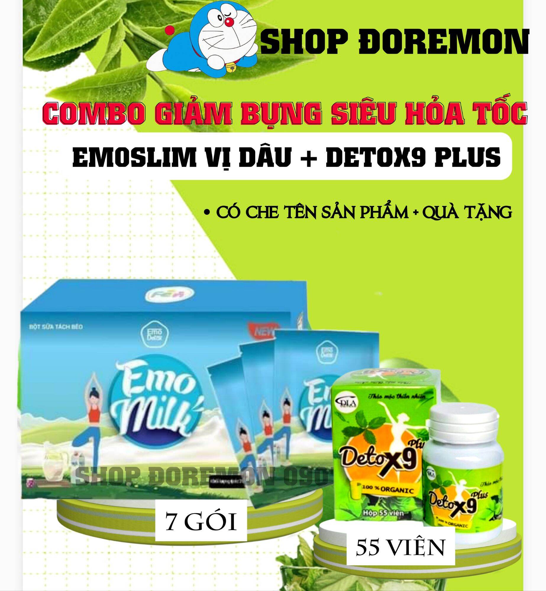 Combo bột trà giam can siêu mạnh sữa emo + detox9 plus