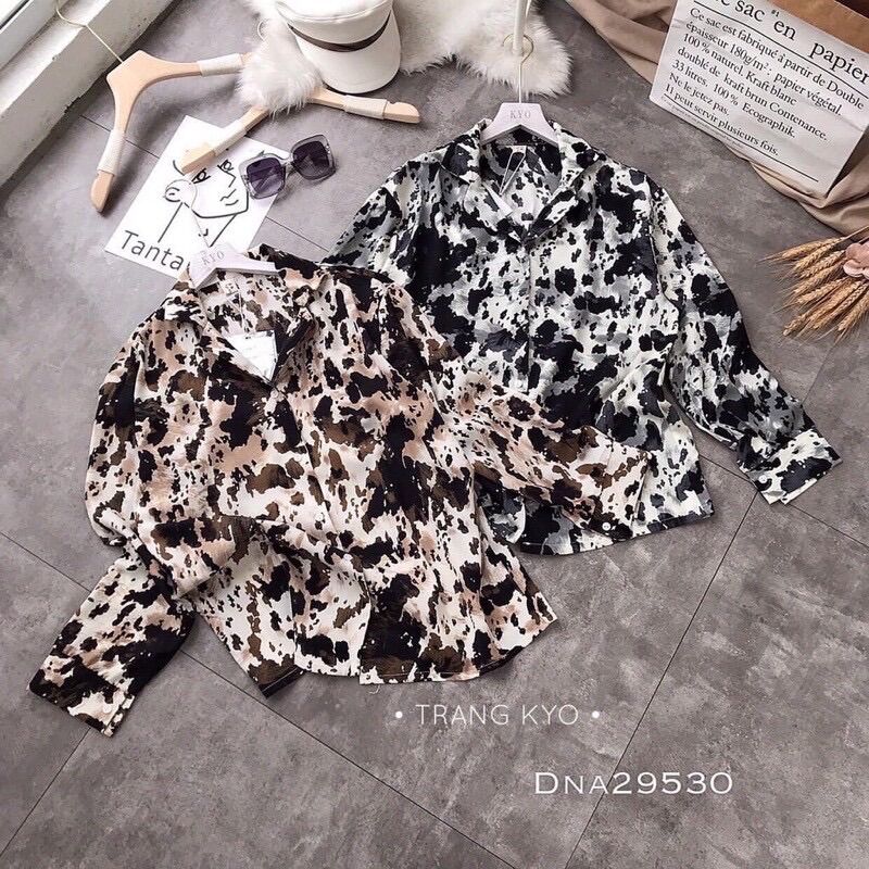 Set áo đâm sơ mi lụa hoạ tiết hàng quảng châu