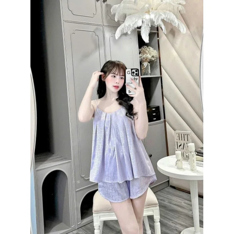 [HCM]Đồ bộ ngủ 2 dây phi lụa đùi ngắn dễ thương cho nữ