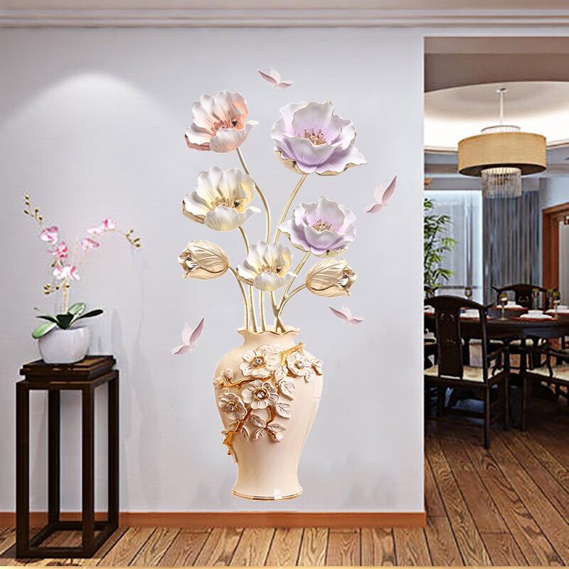 Decal dán tường bình hoa 3D trang trí phòng khách