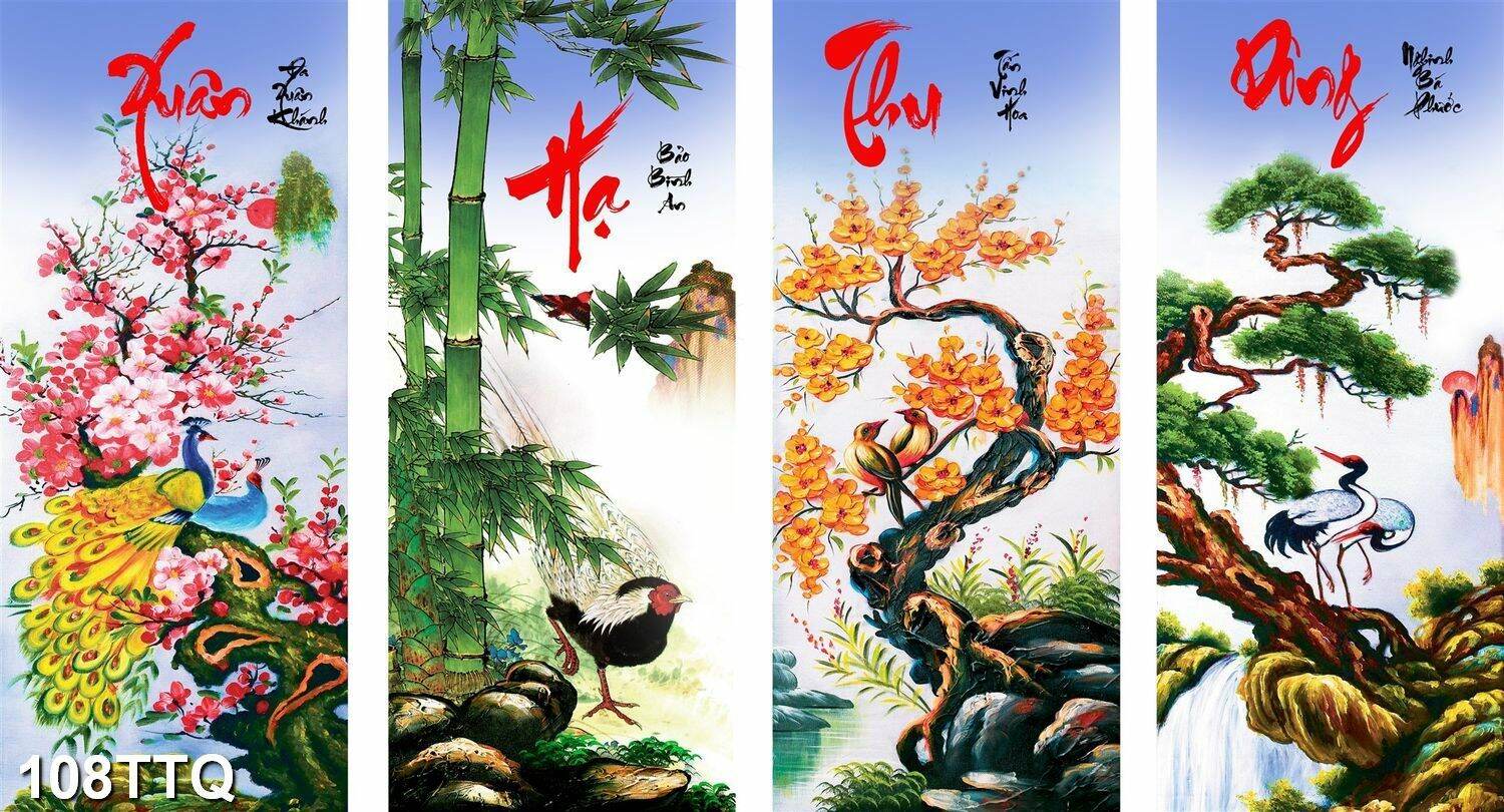 TRANH DÁN TƯỜNG 3D TỨ QUÝ 108TTQ TÙNG CÚC TRÚC MAI XUÂN HẠ THU ĐÔNG