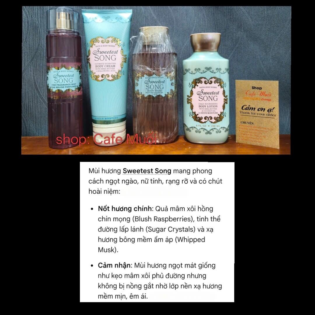 SWEETEST SONG ‼️XỊT THƠM _ GEL TẮM + SỮA DƯỠNG + KEM DƯỠNG HƯƠNG NƯỚC HOA Bath & Body works 295g