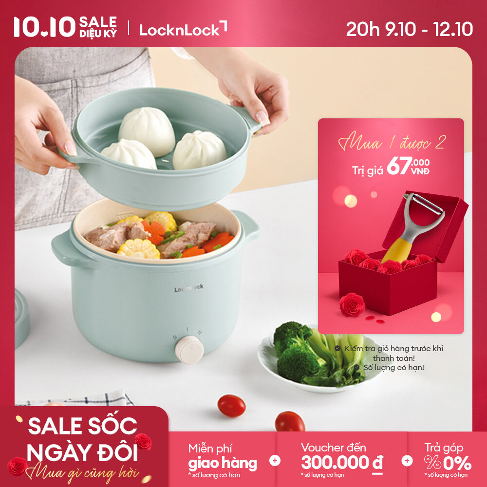 Nồi điện đa năng 2 tầng Lock&Lock Electric multi pot 2L- Màu mint EJP156MIT chống dính nấu cơm, nấu lẩu mì chiên hấp