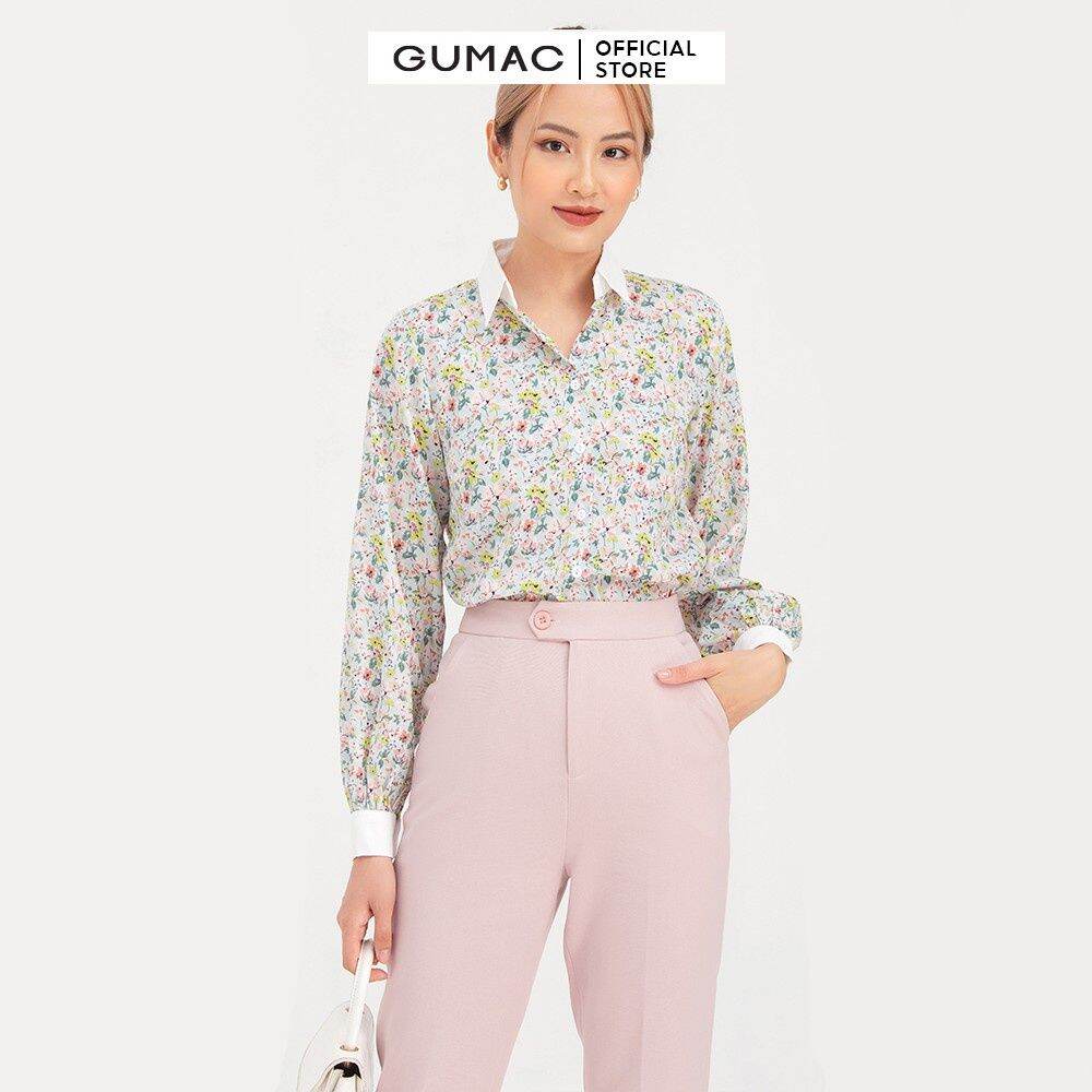 Áo sơ mi nữ họa tiết trẻ trung phối cổ cách điệu gumac ab737 size s