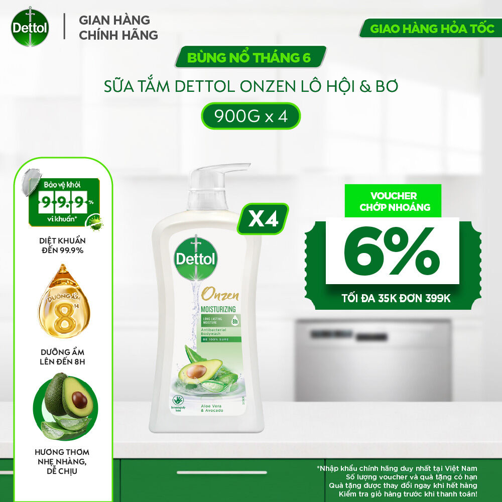 Combo 4 chai sữa tắm Dettol Onzen dưỡng ẩm Lô hội  Bơ 900g